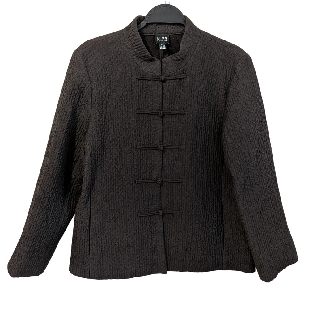 Eileen Fisher Jacket PM Brown Wool Linen Toggle Minimalist Lagenlook Textured